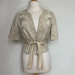 Vintage Elie Tahari Women's Tan Linen Cotton Floral Appliqué Crop Jacket Size M